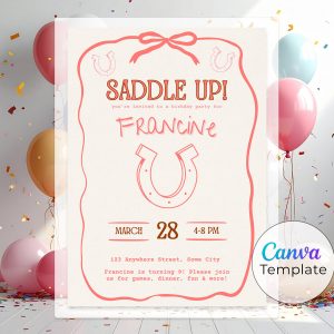 Pink cowgirl birthday invitation template editable in Canva